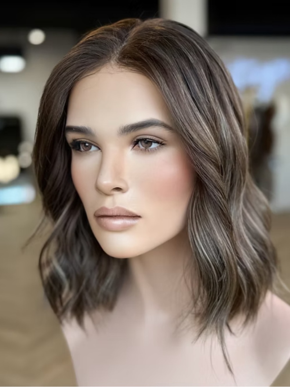 Wigs by Tiffani Chestnut Brown Wavy Human Hair Wig with Soft Layers
